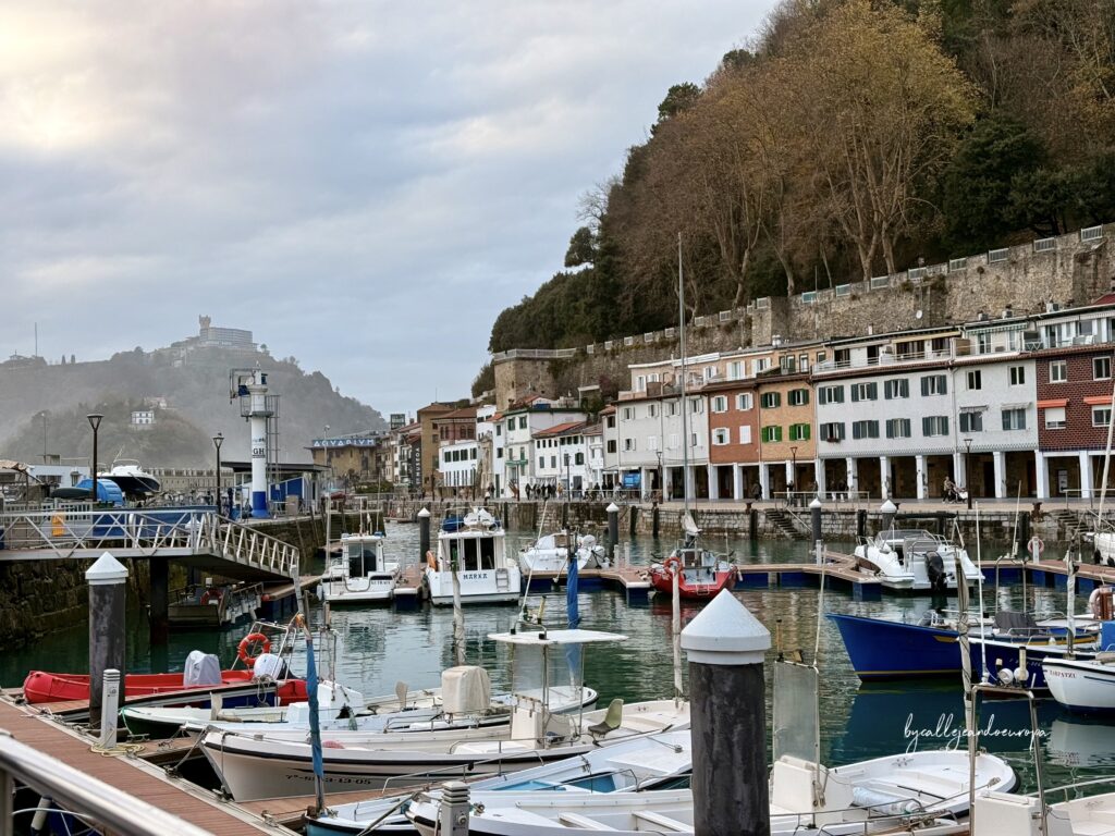 Puerto de San Sebastián con barcas y el monte Urgull al fondo
