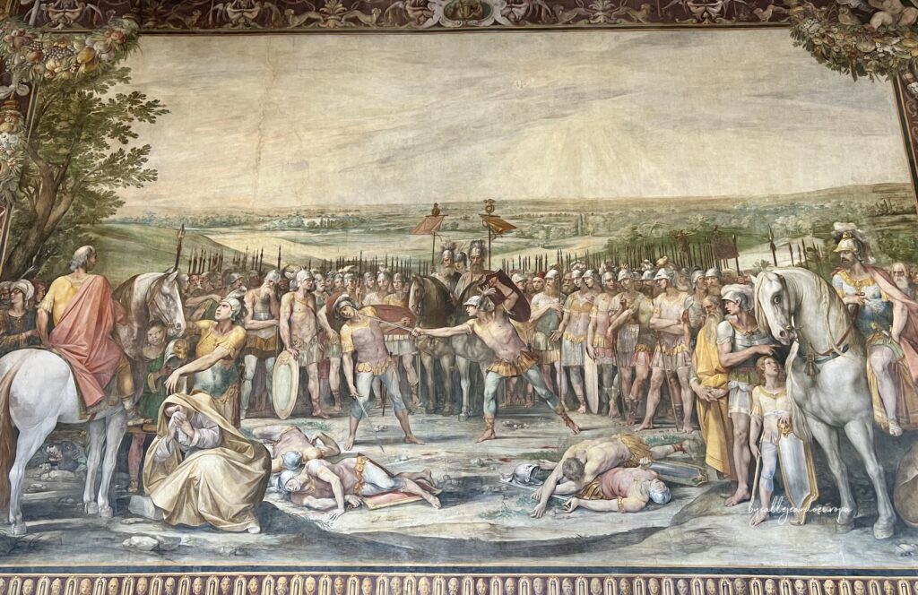 Fresco del "Combate entre los Horacios y los Curiacios" pintado por Giuseppe Cesari (el Caballero de Arpino) en los Museos Capitolinos de Roma.