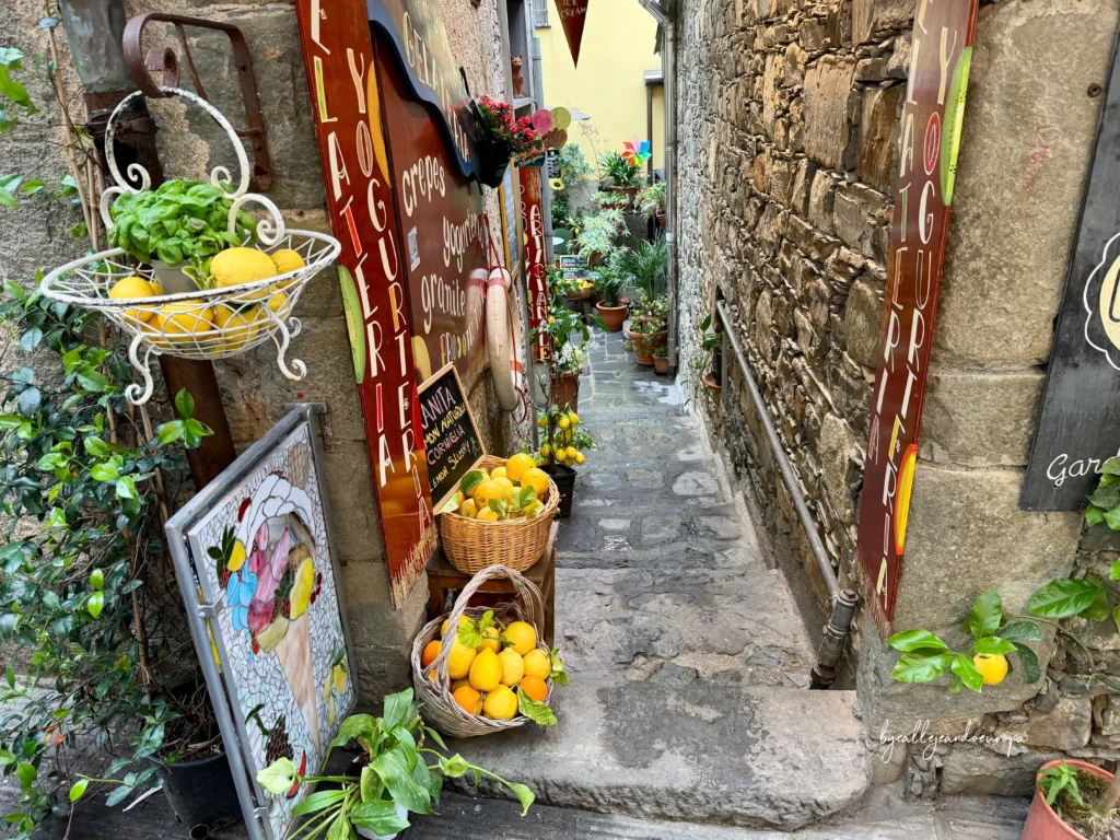 Estrecho callejón decorado con limones y carteles de gelateria artesanal en el pueblo de Corniglia