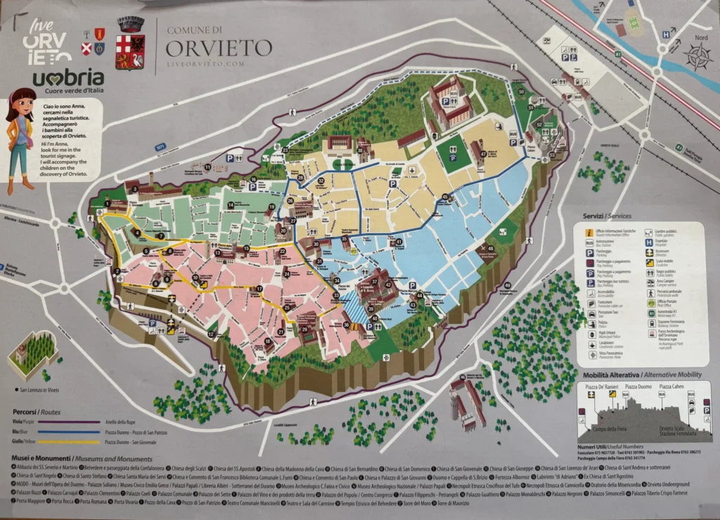 mapa turístico de Orvieto con monumentos y rutas recomendadas